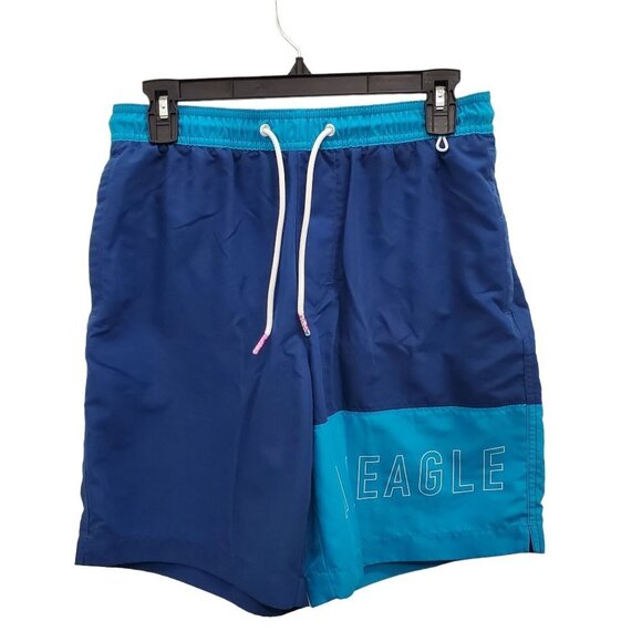 American Eagle Men's Blue Logo Colorblock Swim Trunks Shorts Size S - Picture 1 of 5